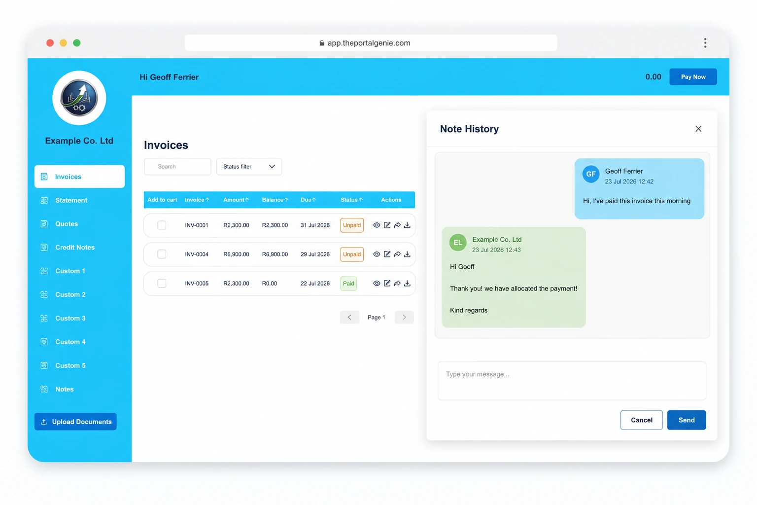 Portal Genie customer communication and note history