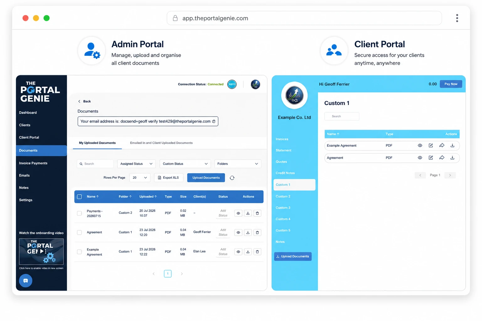 The Portal Genie document management showing the Admin Portal and Client Portal side by side