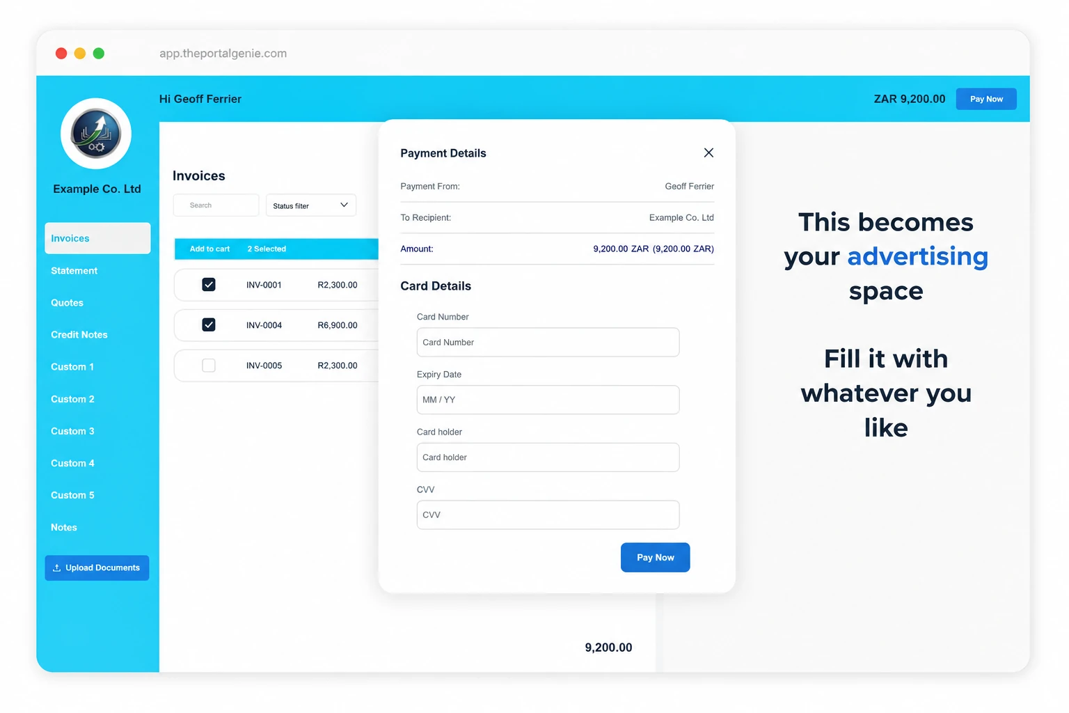 Portal Genie customer portal showing invoice selection with a secure online payment modal.